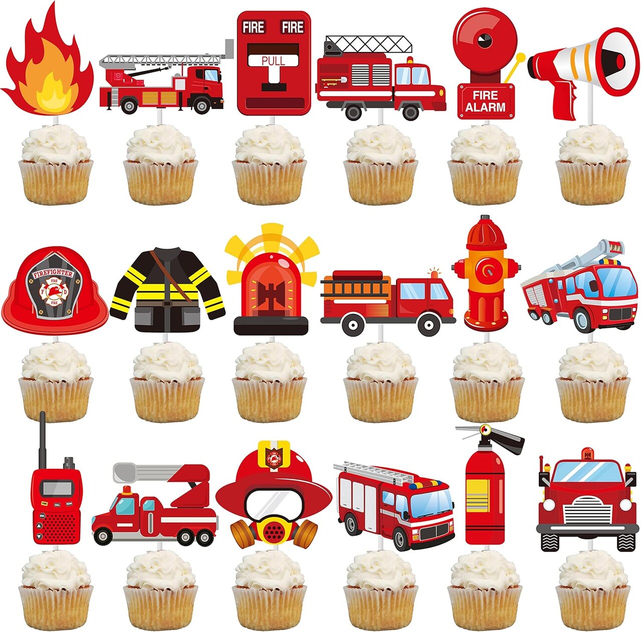 36pcs Fire Truck Party Cupcake Toppers Firefighter Baby Shower Decoration Fireman Themed Birthday Party Supplies Fire Engine Rescue Bday Cupcake Pick Decorations
